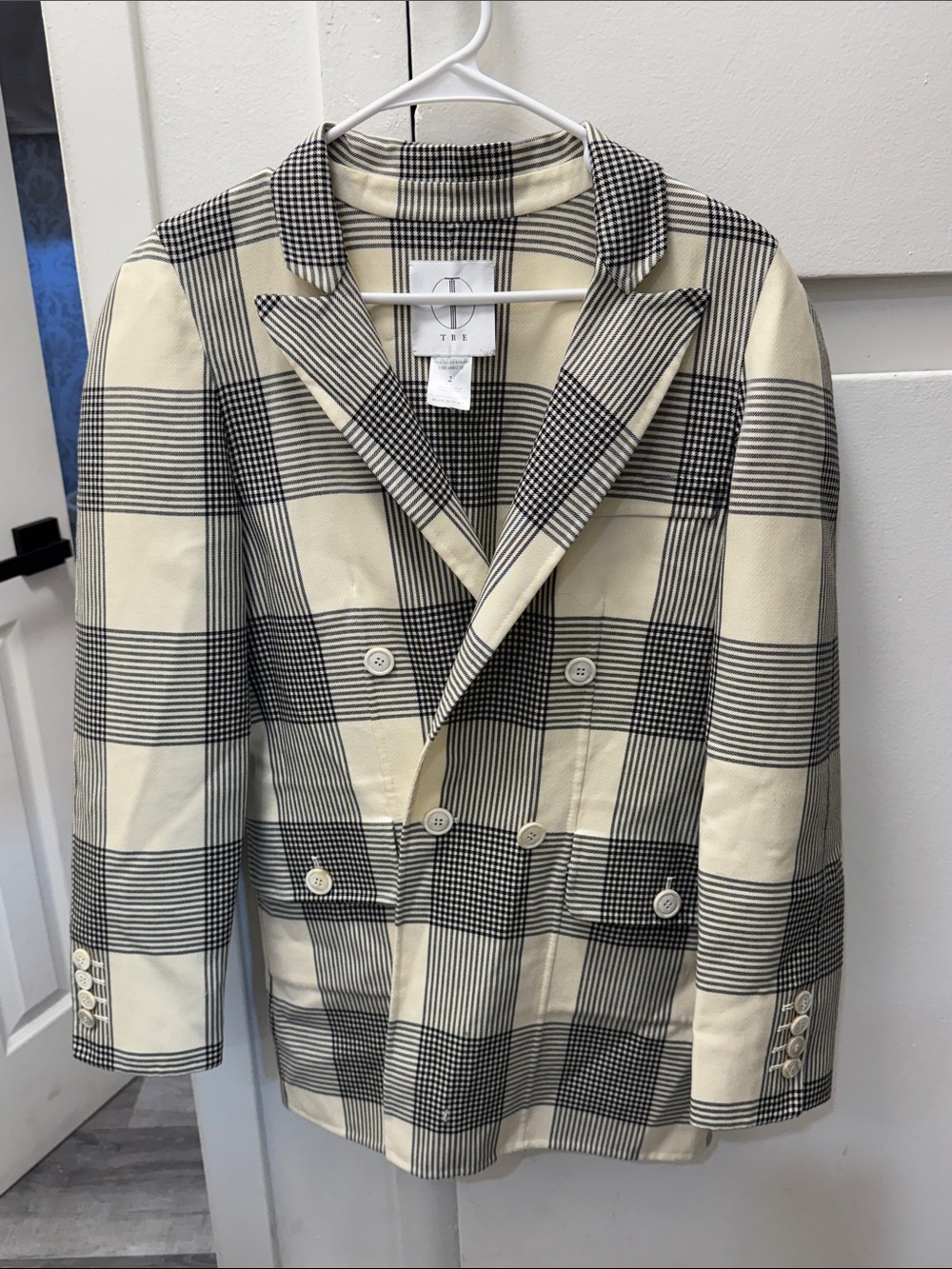 Plaid Double-Breasted Blazer Jacket - Black & Cream